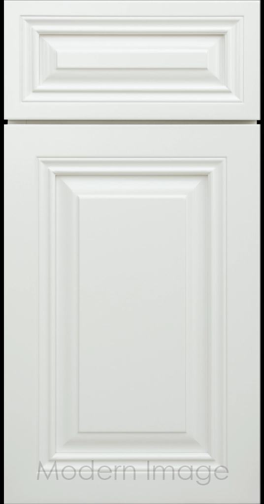 Dew matte Cambridge cabinet door with a mitered frame and raised center panel.